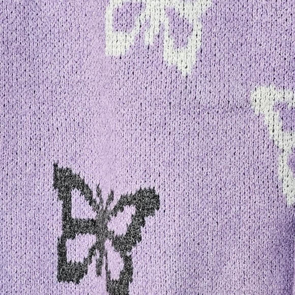 SO Crewneck Drop-Shoulder Pullover Cropped Sweater, Purple Butterflies, Size XS - Picture 5 of 10